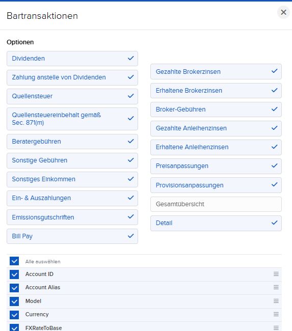 VICTAR FlexQuery Abschnitt Cash Transaktionen