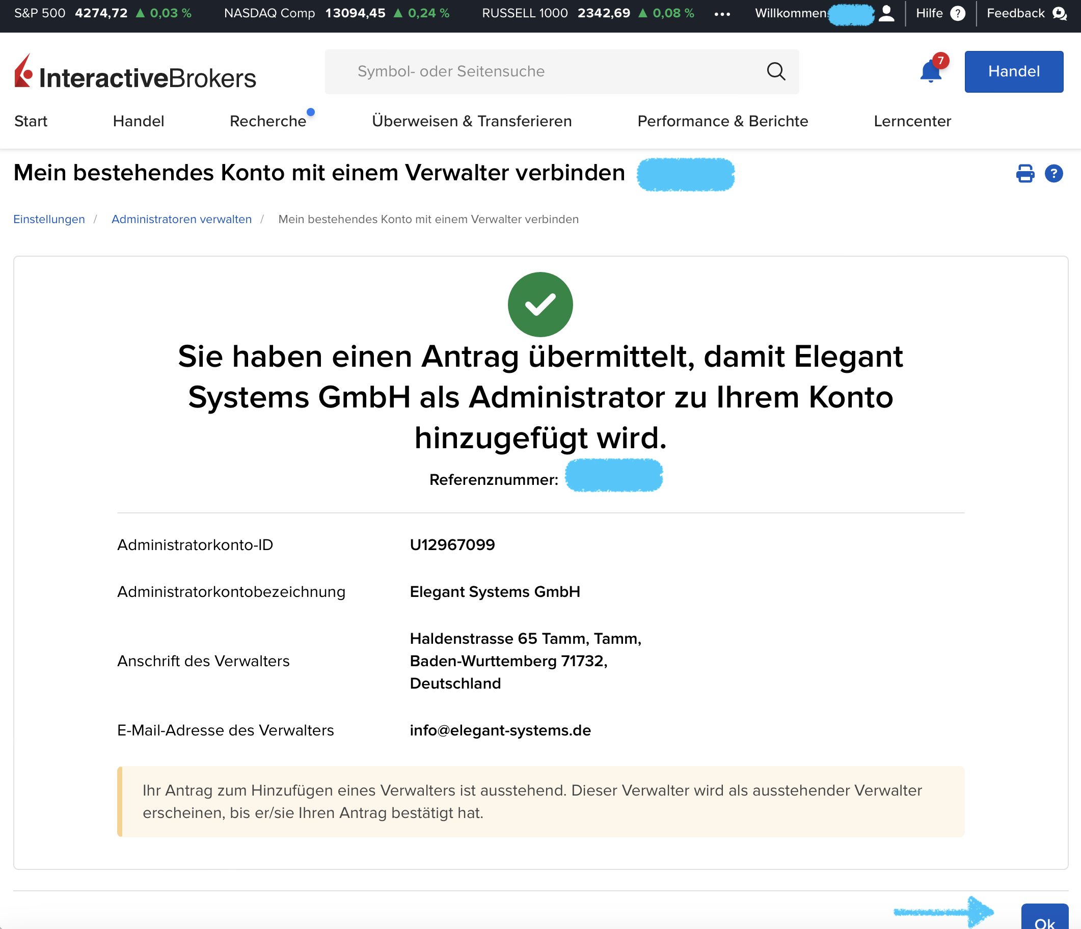 IB Administrator Administrator Konto ID verbinden Antrag uebermittelt