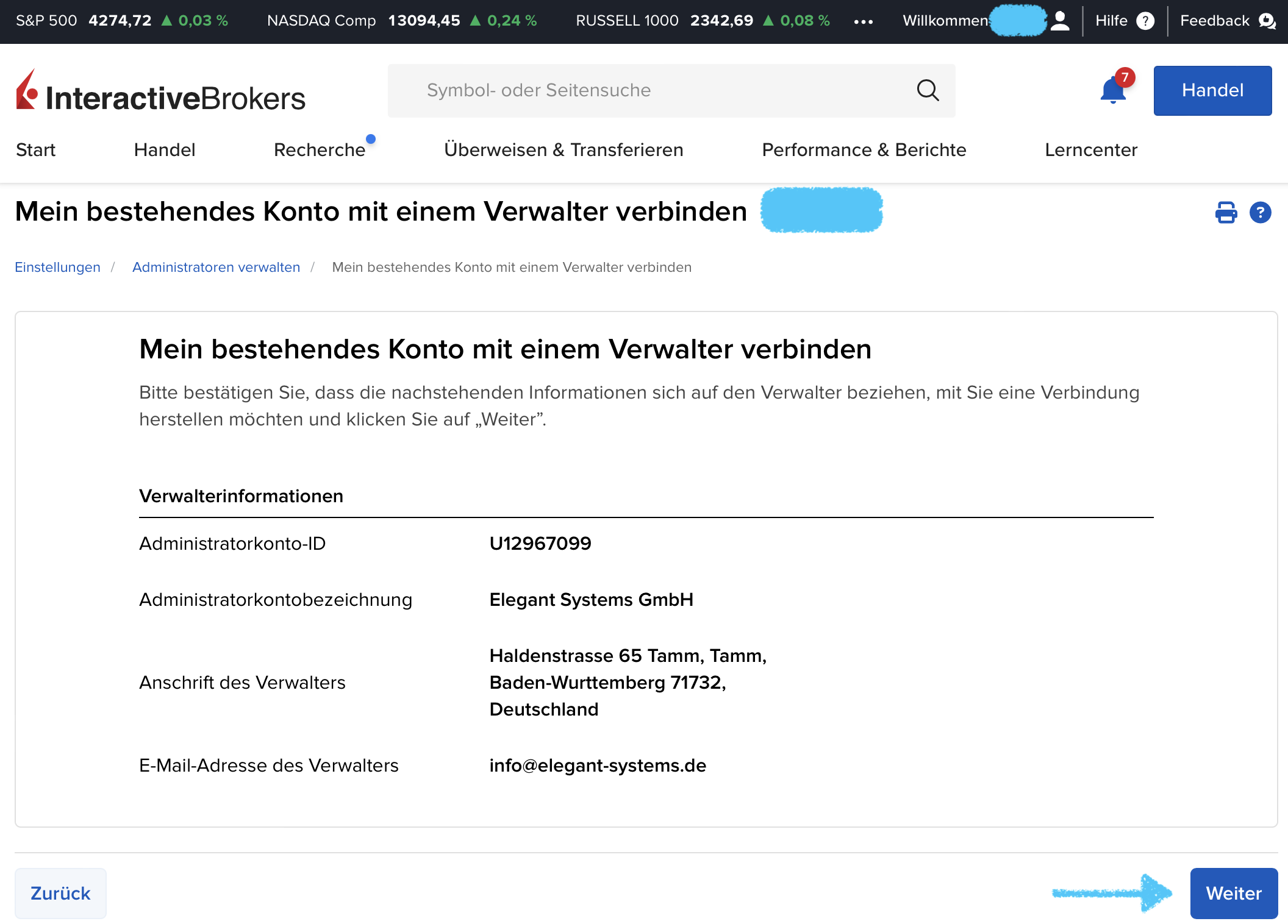 IB Administrator Administrator Konto ID verbinden